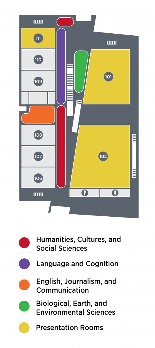 Map of subject area table locations on the first floor of McHugh Hall during open house fall 2024. See text in earlier sections for details.